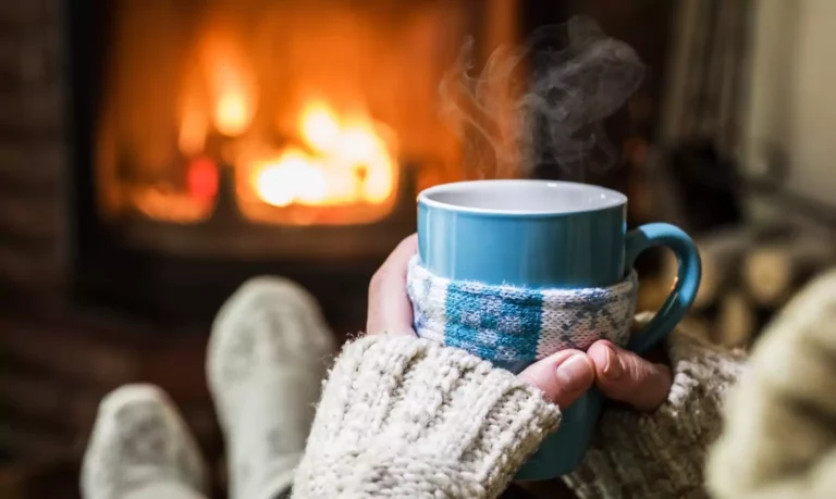 une personne tient dans ses mains une tasse de chocolat chaud fumante, devant la cheminée, comme au gite le Logis à Family Ecolodge Puisaye