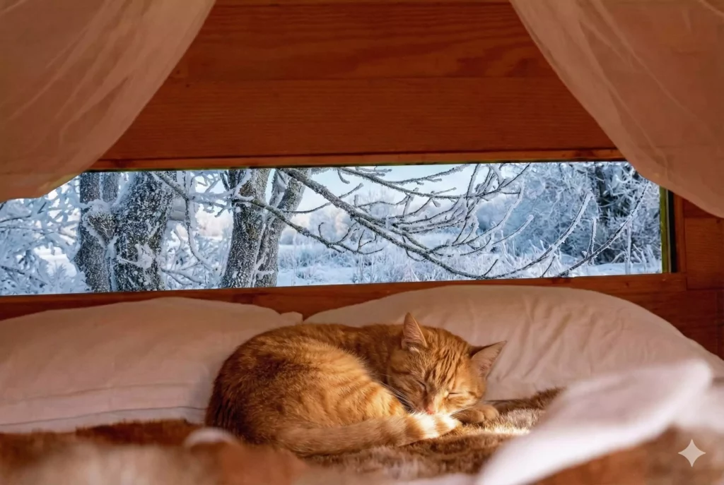 un chat dort sur le lit de la cabane de Family Ecolodge Puisaye, un village vacances pet friendly hors des sentiers battus