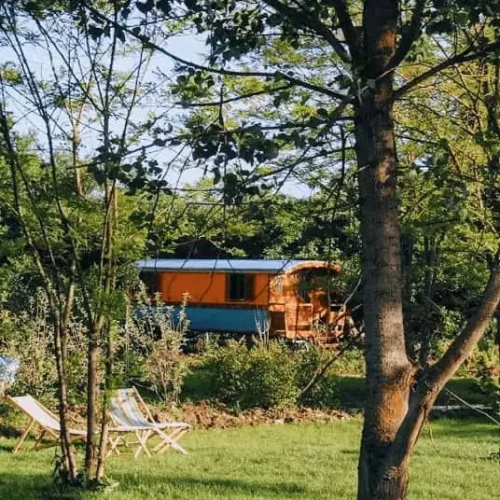 Roulotte en bois installée en pleine nature en Puisaye