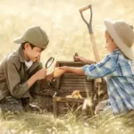 des enfants jouent à une chasse au trésor pendant leurs vacances insolites et nature à Family Ecolodge Puisaye