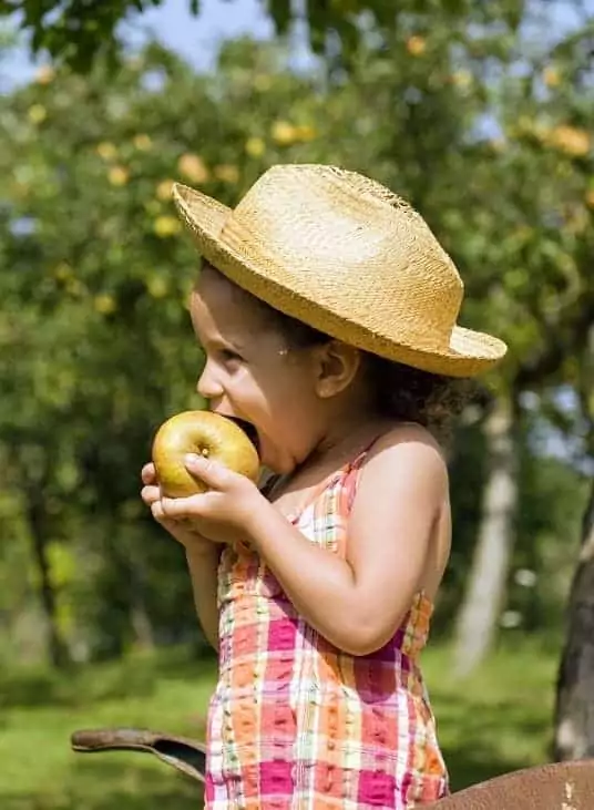 une enfant avec un chapeau de paille, croque dans une pomme pendant ses vacances insolites, originales et écologiques à Family Ecolodge Puisaye