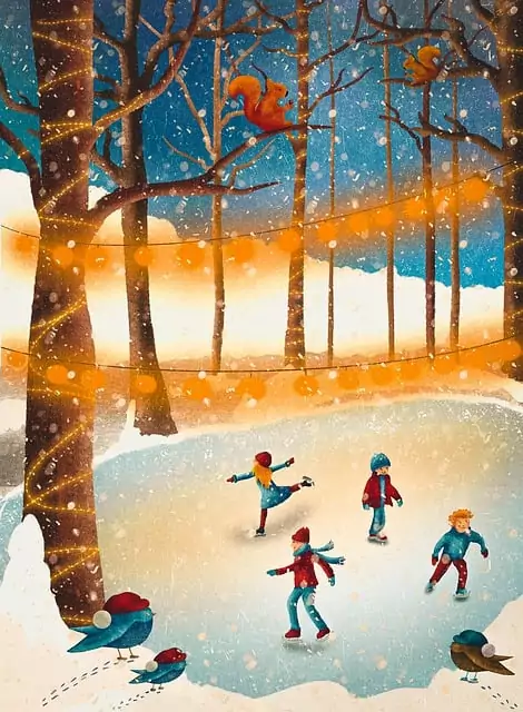 Un groupe d'enfants qui patinent sur un lac gelé