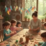 une illustration d'un atelier DIY : créer un attrape-rêves naturel en famille, un atelier proposé pendant les vacances par Family Ecolodgue Puisaye