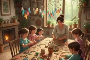 une illustration d'un atelier DIY : créer un attrape-rêves naturel en famille, un atelier proposé pendant les vacances par Family Ecolodgue Puisaye