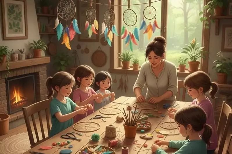 une illustration d'un atelier DIY : créer un attrape-rêves naturel en famille, un atelier proposé pendant les vacances par Family Ecolodgue Puisaye