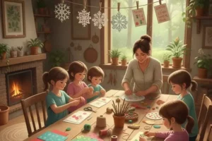 une illustration de l'animation vacances d'hiver et de Noel de Family Ecolodgue, créer vos cartes et flocons de Noël : animation pour enfants cet hiver