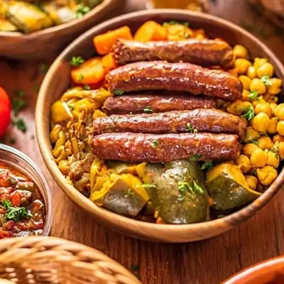un couscous traditionnel aux merguez, dîner du gite de groupe en pension complète Family Ecolodge Puisaye