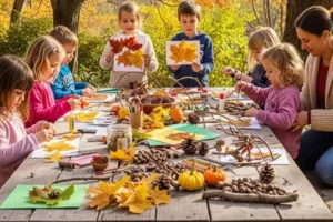 des enfants et une maman font un atelier loisirs créatifs pendant les vacances d'automne, à l'image de ce que propose Family Ecolodge Puisaye
