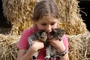une enfant serre contre elle deux chats, scène que l'on peut vivre pendant ses vacances à Family Ecolodge Puisaye