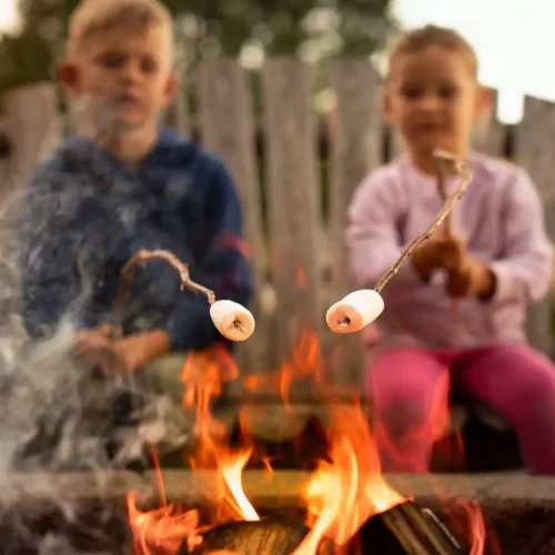 des enfants font un feu de camp & grillent des chamallows au cours de leur séjour insolite à Family Ecolodge, pour le nouvel an en famille