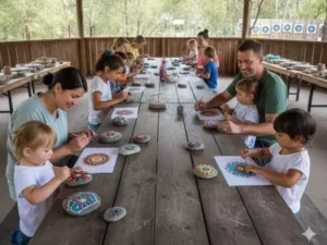 des enfants et leurs parents participent à un atelier de loisirs créatifs, une des activités de vacances uniques