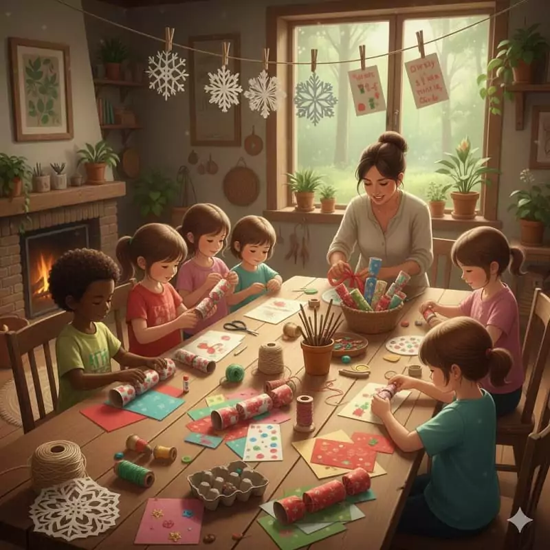 une illustration de l'animation vacances d'hiver et de noel à Family Ecolodge, créer vos cotillons de Noël personnalisés : une animation DIY en famille
