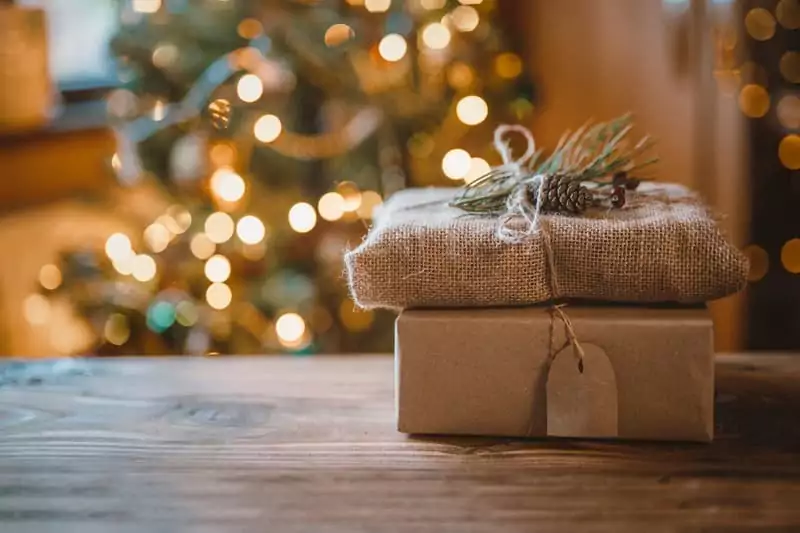 un cadeau avec un emballage écolo posé au pied d'un sapin. Besoin d'une idée cadeau insolite : mettez une cabane sous le sapin !