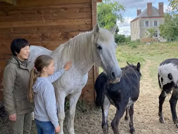 une petite fille et sa grand mère caressent un cheval dans la mini ferme de Family Ecolodge
