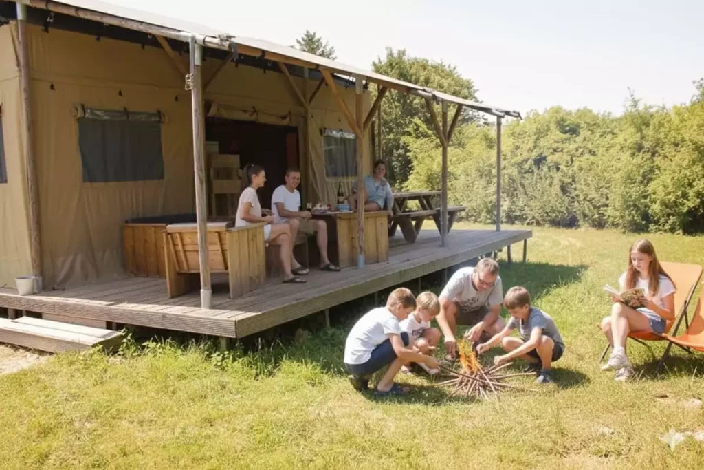 des enfants allument un feu de camp devant leur glmaping safari lodge à Family Ecolodge Puisaye