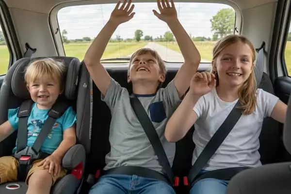 Des enfants sont en voiture, en direction de leur l'écolodge pour un WE nature.