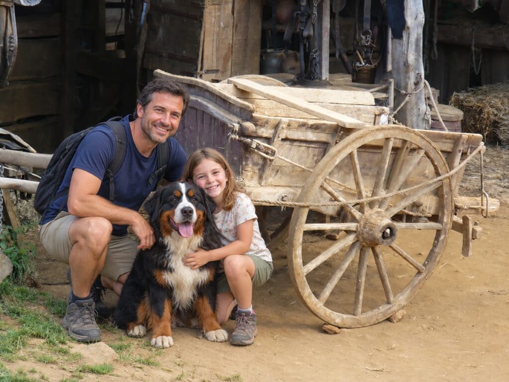 un père et sa fille posent devant une charrette, avec leur chien, pendant la visite de Guédelon