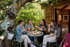 apéritif sur la terrasse de la cabane, pour un week-end entre fille écolo et green, un EVJF