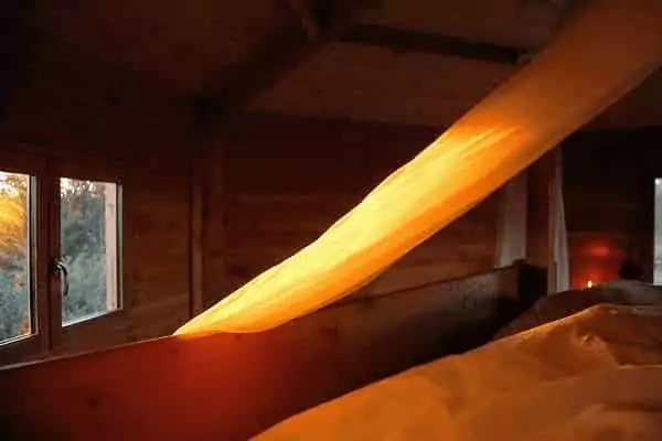 vue du lit de la cabane dans les arbres au crépuscule.